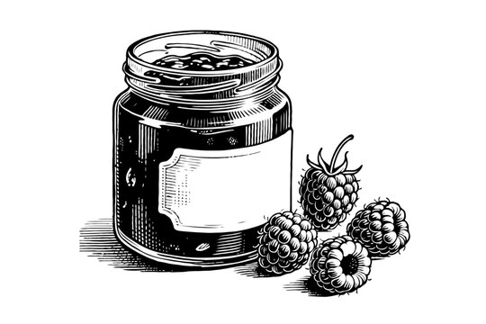 Hand-drawn illustration of raspberry jam jar with berries in vintage engraving style on white background, concept of homemade preserves
