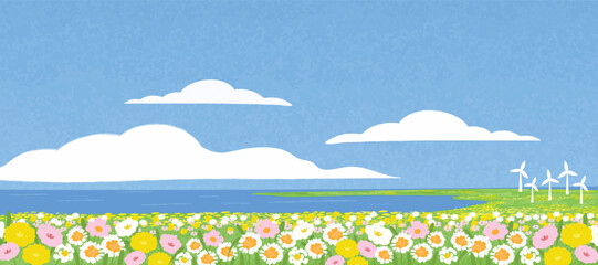 Naklejka premium Spring and Summer landscape background vector set. Nature wallpaper of flower field with blue sky and sea illustration for cover, wall art, decoration.