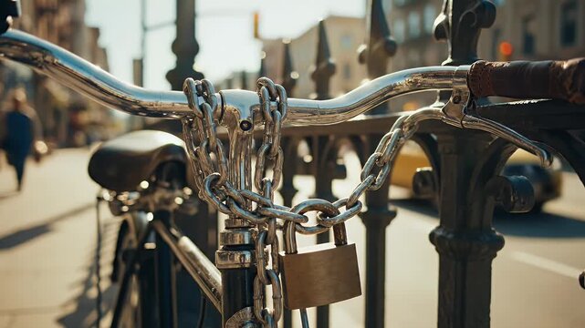 A close-up shot of a bicycle's handlebars secured with a chain and padlock in an urban setting