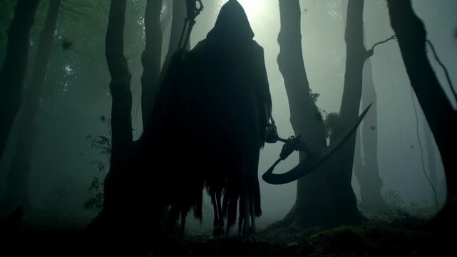 Mysterious hooded figure with axe walking through foggy forest