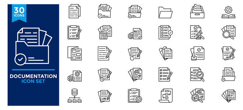 A collection of documentation icons. Contains icons for documents, files, folders, notes, reports, documents, forms, repositories, and note-taking. Simple line vector illustrations.