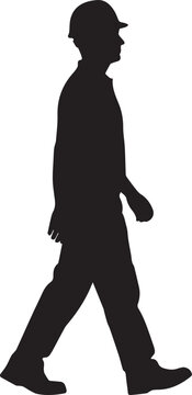 Silhouette illustration of construction worker walking wearing hard hat side view industrial design