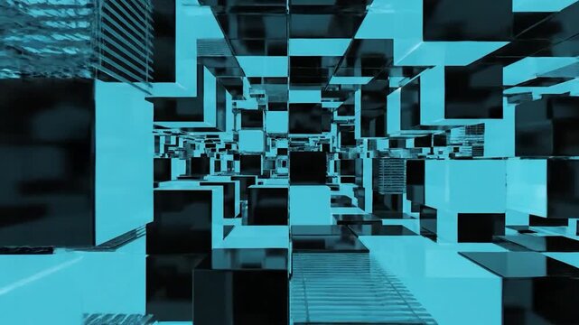 Abstract blue and black cubes creating a futuristic digital tunnel background.