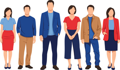 Obraz premium Modern professional team of diverse office workers standing together in business casual outfits, flat vector illustration on white background