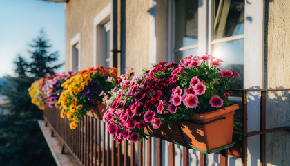 Fototapeta premium Vibrant petunia flowers blooming in terracotta pots along a wooden balcony railing. Sunlit blossoms in pink, purple, and yellow create a charming garden atmosphere.
