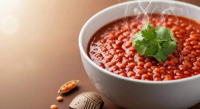 Ethiopian Misir Wat Red Lentil Stew with Left Copy Space, Steam and Berbere