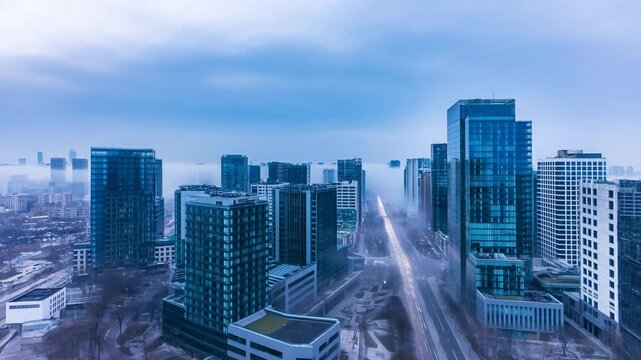 Foggy city skyline at dusk with highrise buildings emerging through mist