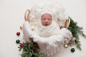 Fototapeta premium Sleeping newborn baby. Healthy and medical concept. Healthy child, concept of hospital and happy motherhood. Infant baby. Happy pregnancy and childbirth. Children's theme. Baby and childen's goods