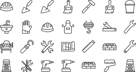 Fototapeta premium Construction tools and building materials line icon set with trowel drill helmet and brick symbols