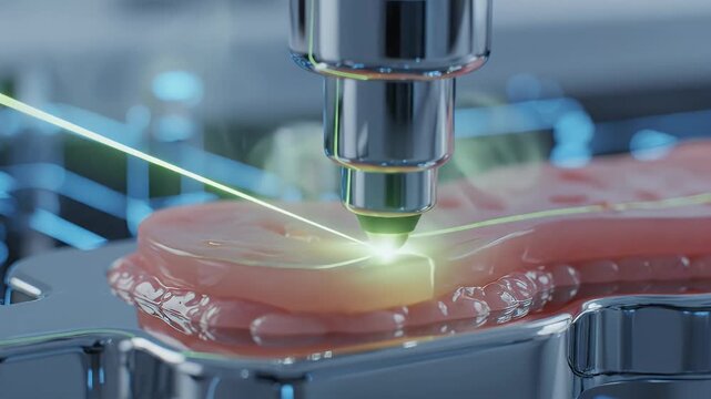 A detailed image of a 3D printer head, with green laser, printing a red, textured substance