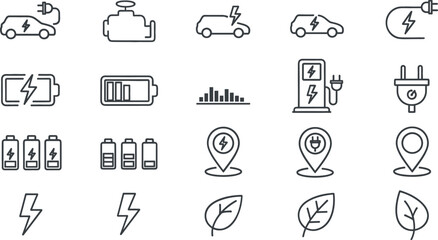 Electric vehicle charging and battery energy line icon set with EV car plug and eco symbols