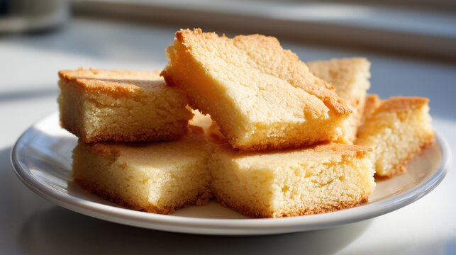 Homemade shortbread bars on a white plate with natural sunlight.