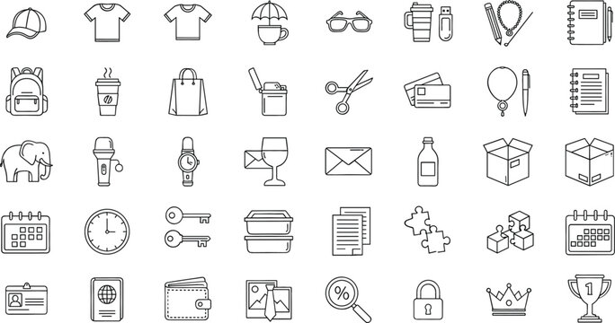 Everyday objects and accessories line icon set editable stroke vector illustration isolated on white background collection