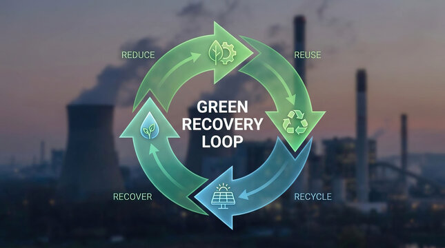 Green recovery loop with reduce reuse recycle and recover arrows over industrial background