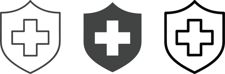 Obraz premium Medical shield cross icon set healthcare protection symbol outline solid vector illustration isolated on white background