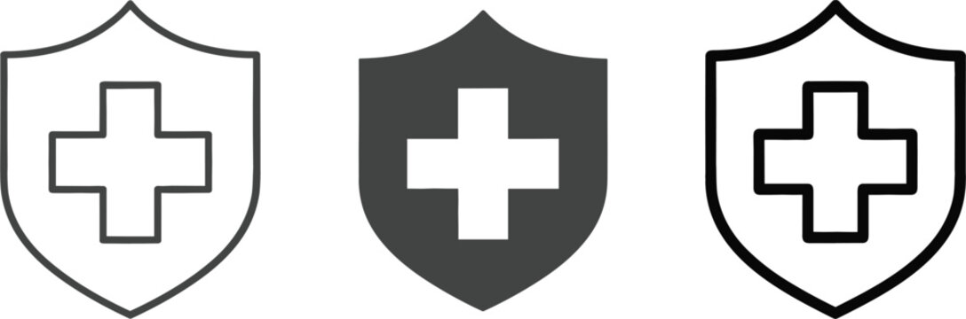 Medical shield cross icon set healthcare protection symbol outline solid vector illustration isolated on white background