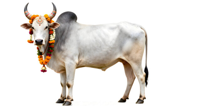 Decorated Indian zebu cow with traditional flower garland isolated on transparent background
