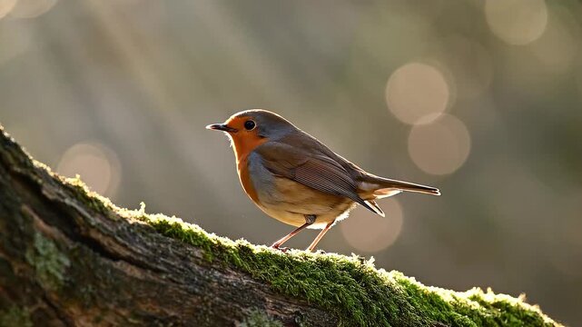 A vibrant European robin perches gracefully on a mossy branch, bathed in warm golden sunlight, capturing a serene moment of natural beauty in the woodland