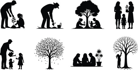 Farmer Silhouettes Collection Featuring People Gardening, Planting Trees, Harvesting Fruit, Raising Poultry, Feeding Chickens, Artist Women Painting, and Family Outdoor Activities © Fozila