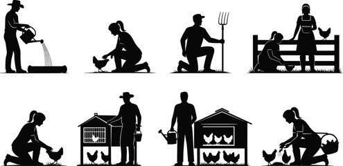 Farmer Silhouettes Set Featuring People Gardening, Planting Trees, Harvesting Orchard Fruit, Feeding Chickens, Raising Poultry, Artist Women Painting, and Family Activities © Fozila