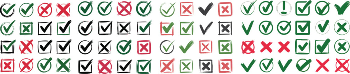 Check tick mark icon set. Cross box x check mark checkbox v list vector draw hand drawn sketch doodle Vector Illustration. Red, Green, Black color EPS © Toma Rani Bormon