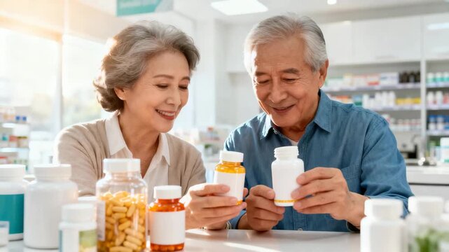 Smiling elderly couple with warm caring mood comparing medication bottles against bright pharmacy interior background