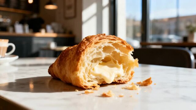 Half eaten croissant with relaxed casual mood resting on caf&eacute; table against bright coffee shop interior background