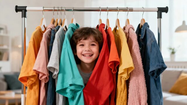 Smiling cheerful child with joyful mood choosing colorful clothes from rack against cozy home interior background