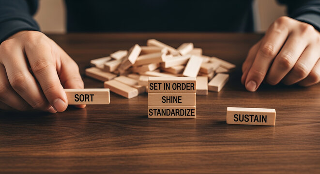 Conceptual image of hands arranging wooden blocks with sort set in order shine standardize and sustain words, representing a business process improvement concept on a wooden table
