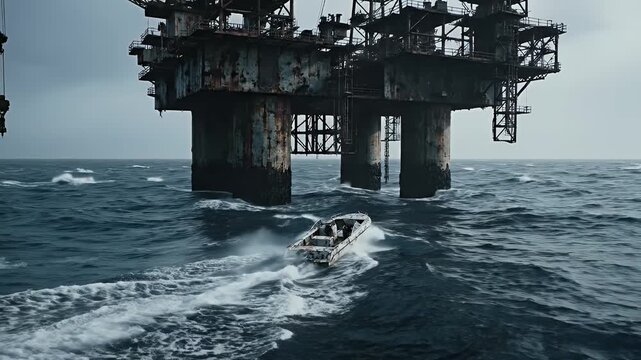 A weathered structure rises from turbulent waters; a dilapidated boat battles the waves