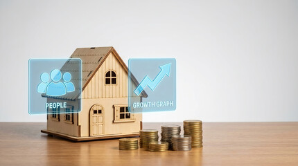 Wooden house model with stacked coins and digital icons showing people and growth graph symbolizing real estate investment and financial growth