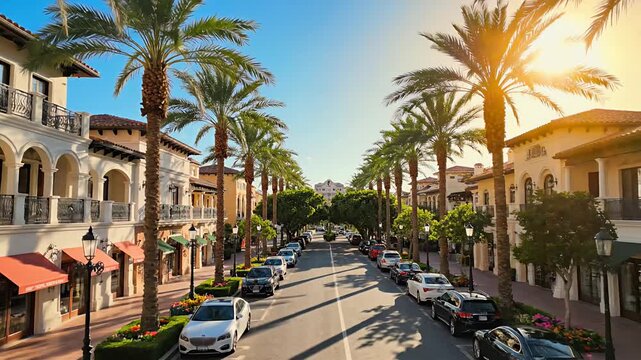 Upscale street with palm trees and luxury buildings in sunny town