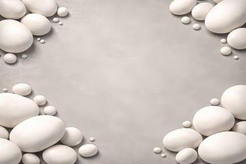 A refined 3D illustration of smooth white pebbles arranged on a textured gray concrete surface. Strong depth through shadow separation, soft lighting, neutral color palette, clean realism