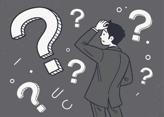A person in a suit standing with one hand on their head, surrounded by large and small question marks. The dark gray background and the figure&rsquo;s posture suggest confusion, contemplation.