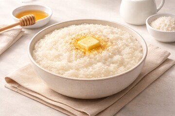 A soft 3D illustration of creamy rice porridge served in a ceramic bowl. With smooth consistency, subtle grain texture, neutral white tones, gentle ambient lighting, minimal background elements