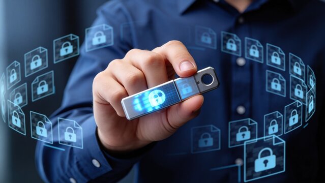 Secure USB flash drive with encryption lock symbol,data protection and safe file storage concept for corporate cybersecurity and confidential information management
