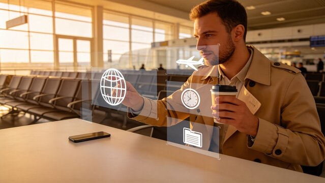 Smart travel technology interface at airport terminal,man planning flight schedule with digital booking system and global connectivity for modern business travel experience