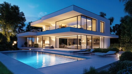 Fototapeta premium Modern villa with sleek design and illuminated pool at dusk