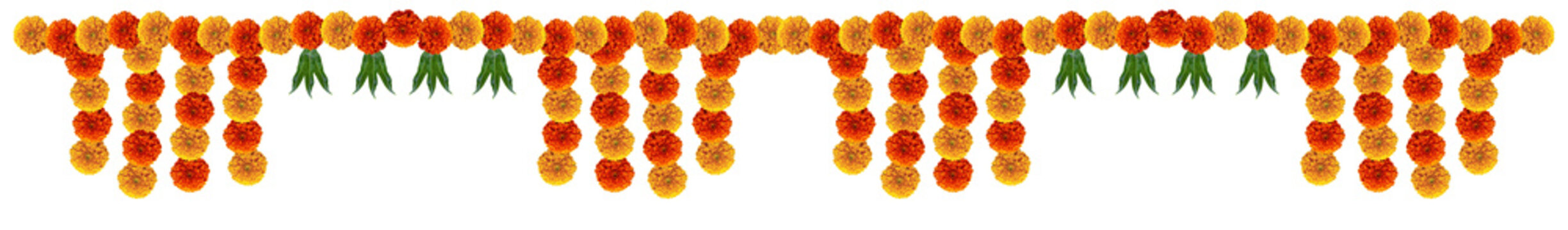 Marigold festive hanging design element top border strip with mango leaves hinduism