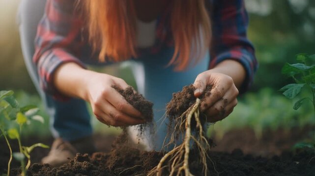 Farmer examining healthy soil with microorganisms and roots network. Close-up of organic dirt with bacteria and fungi for regenerative agriculture and soil science. High-tech macro shot.