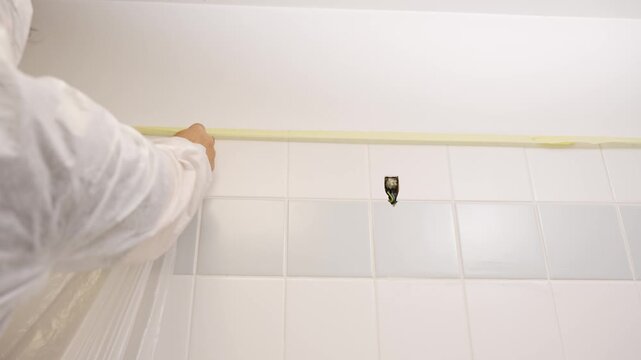 Worker in protective suit attaches plastic covering to taped wall line above tiles. Careful preparation ensures clean painting and renovation results.
