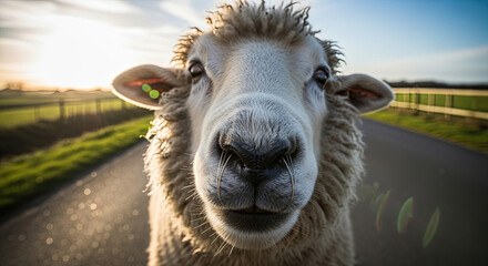 Close-up of a sheep standing on a road in a rural landscape  