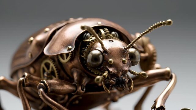 Intricate Steampunk Beetle Sculpture with Gears and Clockwork Details Macro Shot