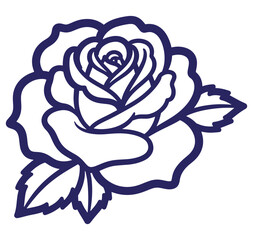 Elegant outline illustration of a classic rose flower with leaves isolated on white background.