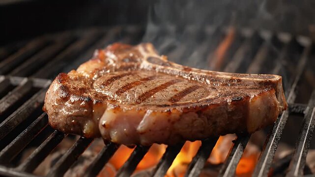 Juicy T Bone Steak Grilling Over Open Flames With Smoke Rising From The Hot Coals