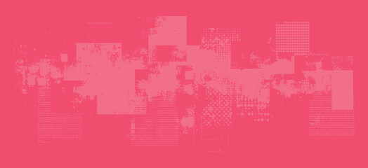 Obraz premium Abstract geometric shapes with distressed textures and halftone dots on a pink background