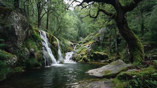A serene forest stream surrounded by lush greenery and towering trees