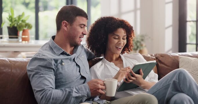 Travel, tablet or couple in house with plan, trip option or destination decision on booking app. Discussion, man or woman on sofa with tech, vacation review or resort selection in online map browse.