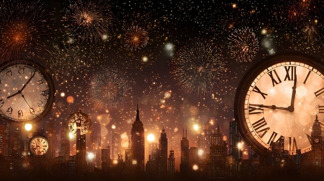 New Year's Eve: Celebrating the stroke of midnight amidst a dazzling fireworks display, with historic clock faces. Revealing the essence of the end of the year and the dawn of a new start.