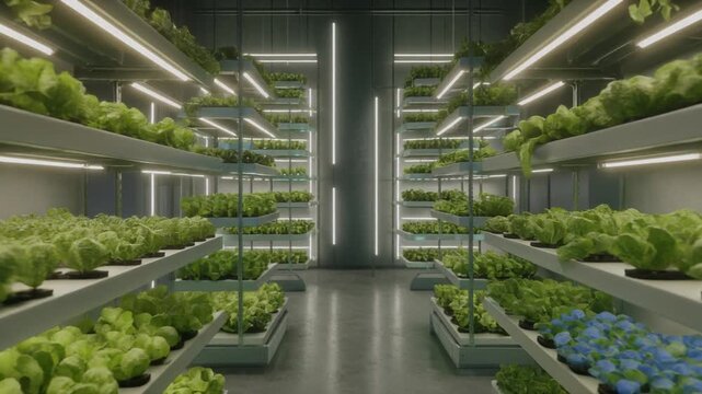 Futuristic vertical farm interior with layers of green plants. Modern indoor agriculture with LED grow lights, hydroponic technology and sustainable urban farming.